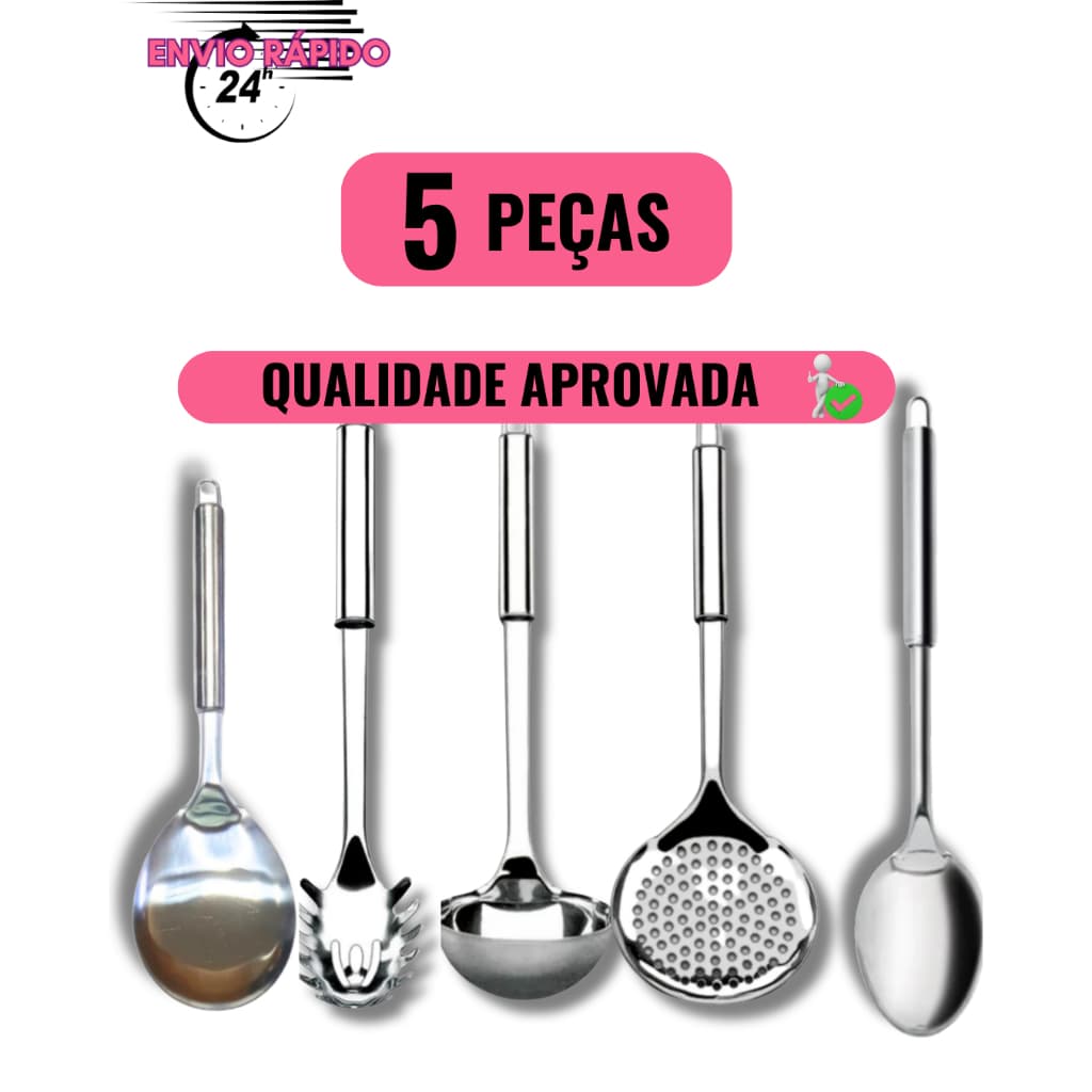KIT 5 UTENSÍLIOS DE COZINHA AÇO INOX COLHER DE ARROZ CONCHA ESCUMADEIRA PEGADOR