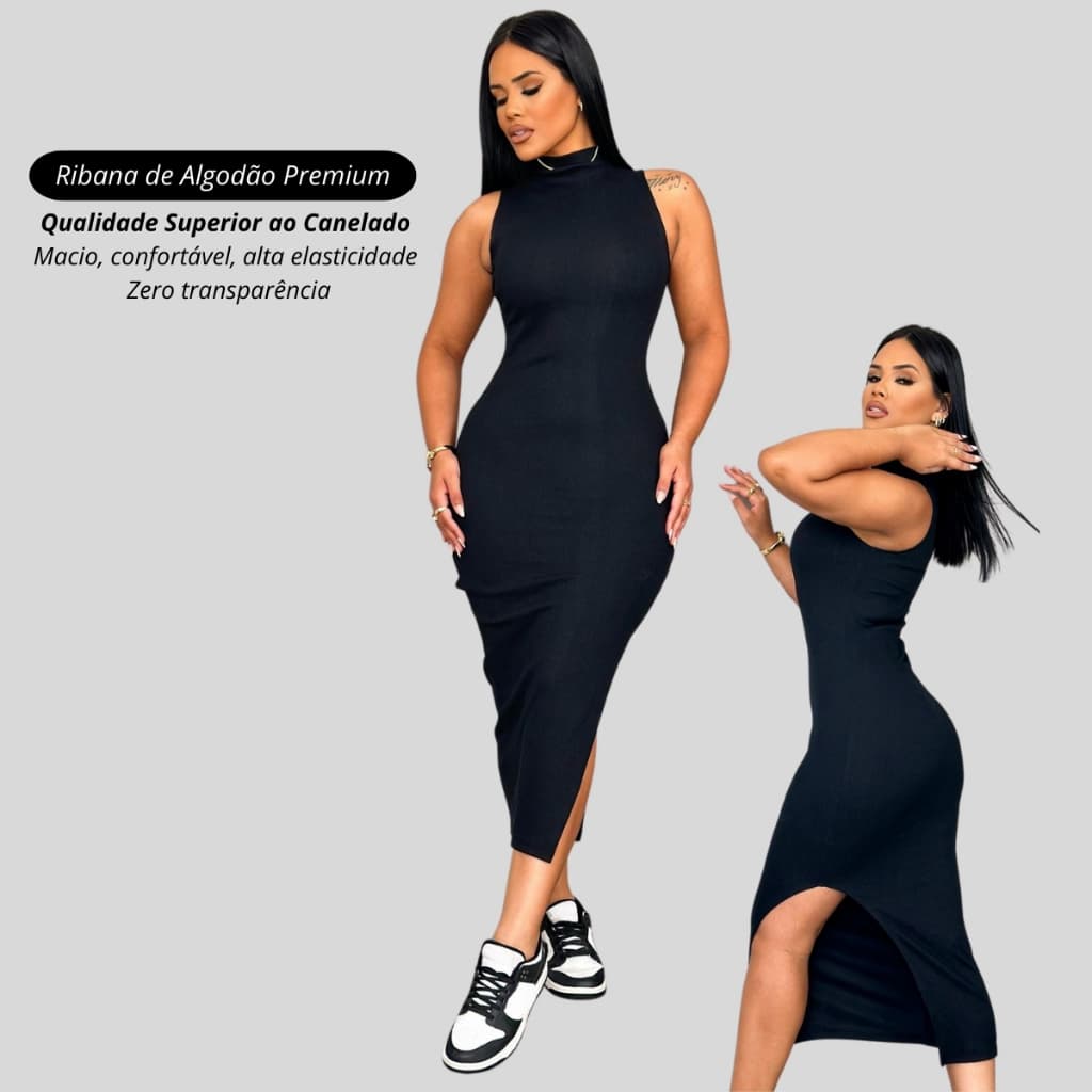 Vestido longo feminino com fenda canelado ribana premium