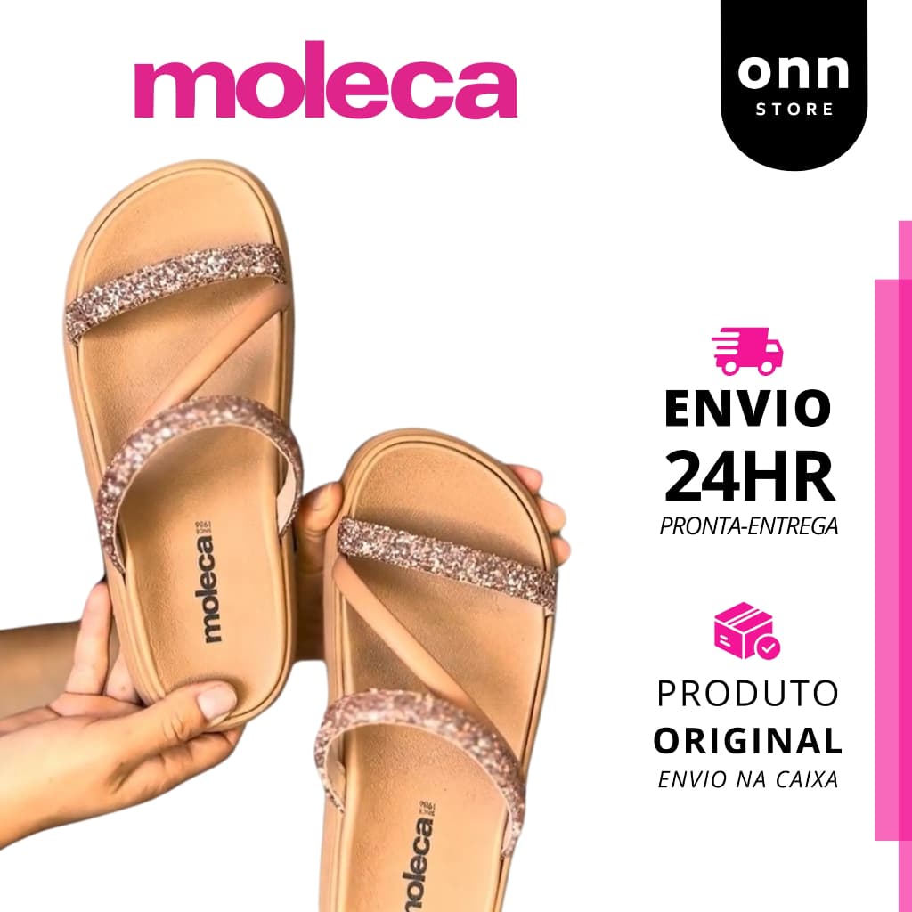 Sandalia Feminina Moleca Nude/Bege Claro Papete Brilho Strass Gliter Original