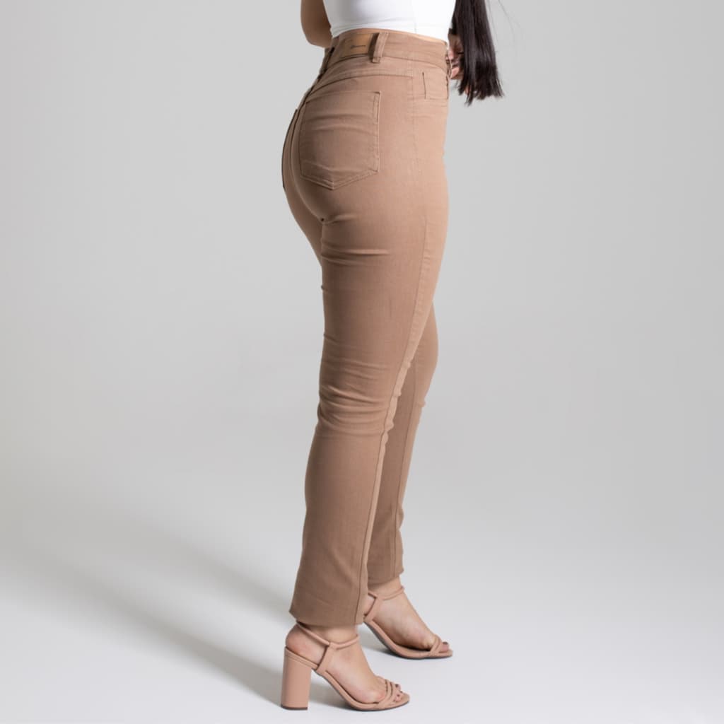 Calça Jeans Feminina Cintura Alta Sawary Capuccino Lycra Elastano Original Marrom Moda Tendência