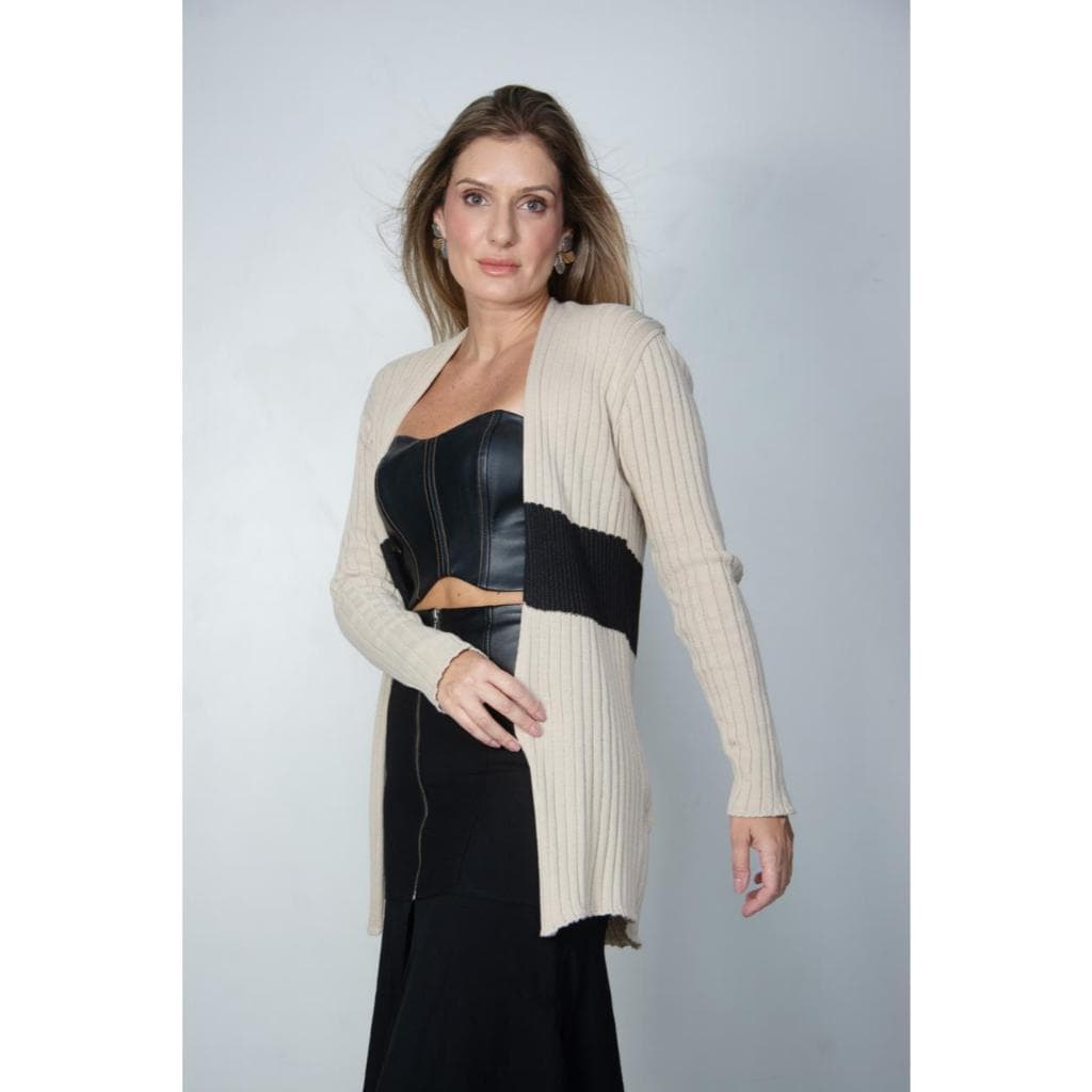 Cardigan de Tricot Estilo Casaco Kimono Feminino Canelado Largo com Listra na Cintura