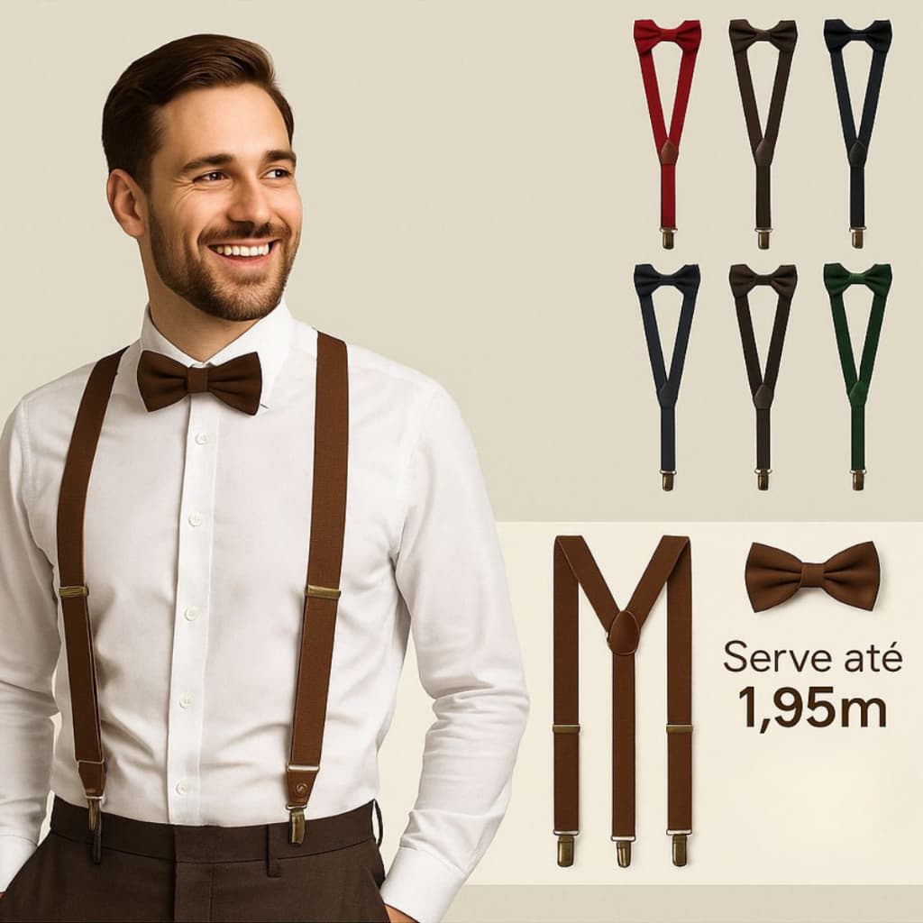 Kit Suspensório Gravata Borboleta Adulto Unissex Ajustável Ideal para Casamentos Eventos Padrinhos Pajem Várias Cores
