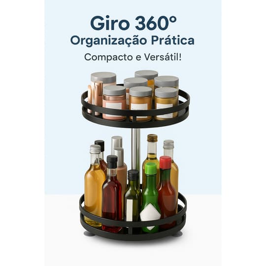 Organizador Giratório 360° Multiuso 2 Prateleiras -  Ideal p/ Cozinha, banheiro, escritório, bancada – Preto