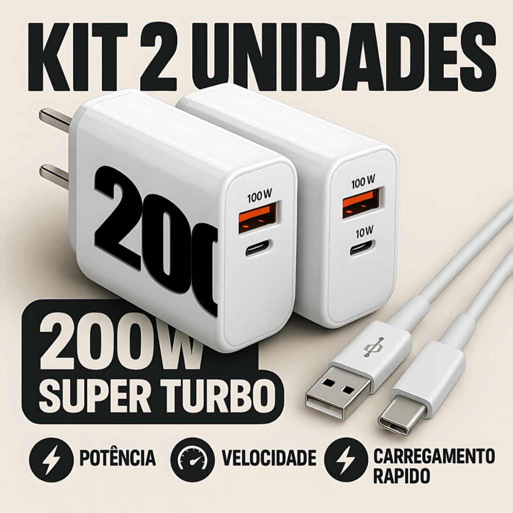 Kit 2 Carregadores Turbo 200W Super Rápido Tipo-C USB Compatível Xiaomi Samsung Motorola iPhone
