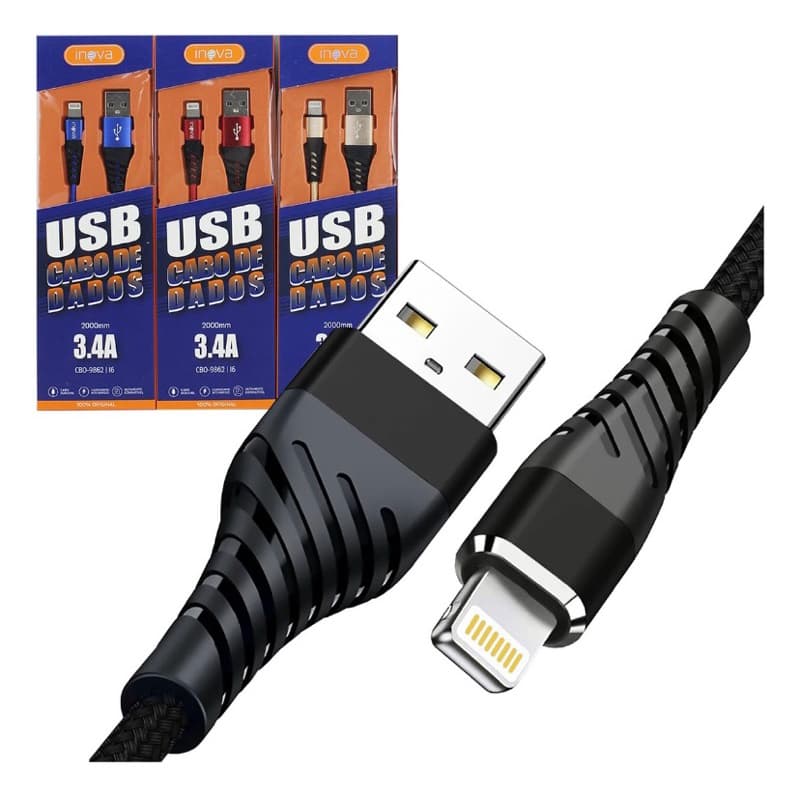 Kit 3 Cabo Carregador Iphone Lightning Rápido Turbo Reforçado 2 Metros Cores Inova 3.4a