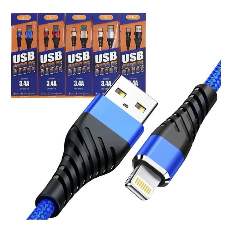 Kit 5 Cabo Carregador Iphone Lightning Rápido Turbo Reforçado 2 Metros Cores Inova 3.4a