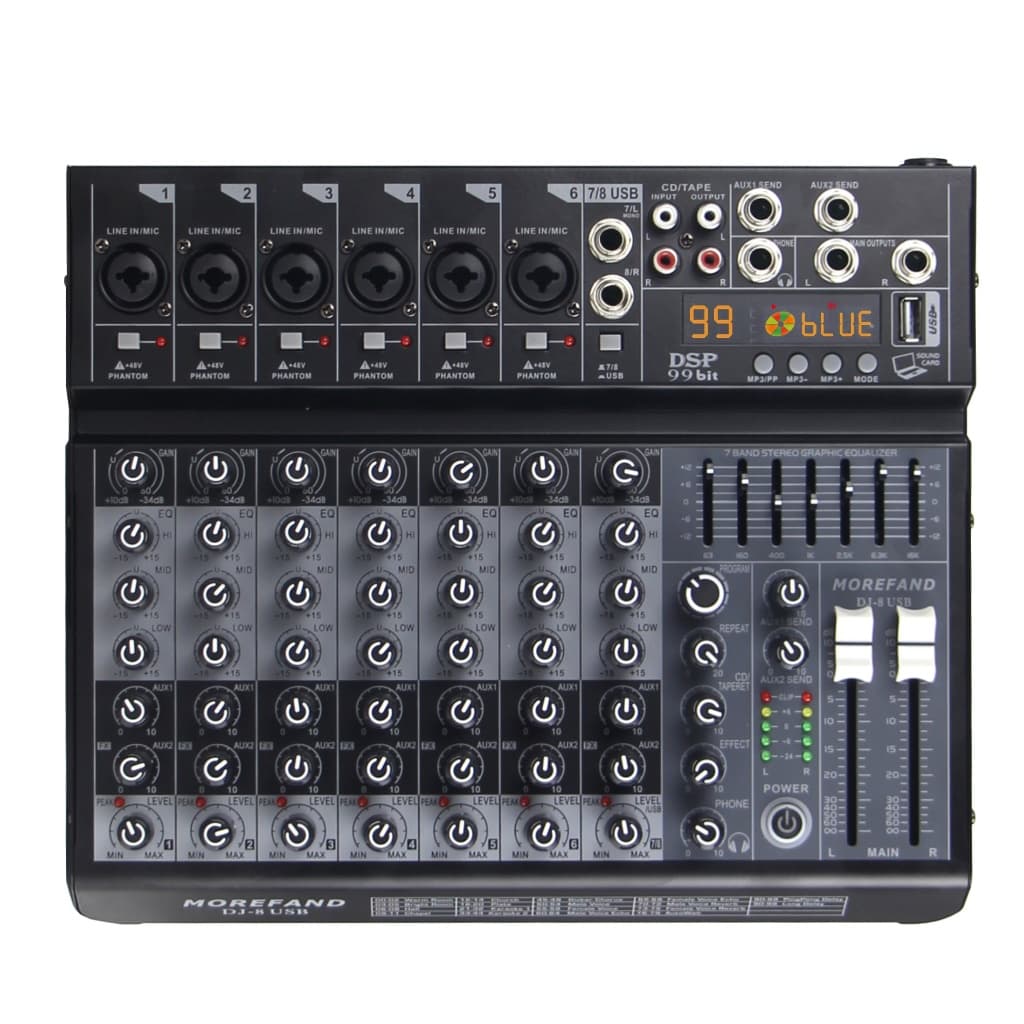 Mesa de mistura de áudio D8 Mesa de som com 8 canais PC Entrada de computador 48v Número de energia Equipamento de áudio