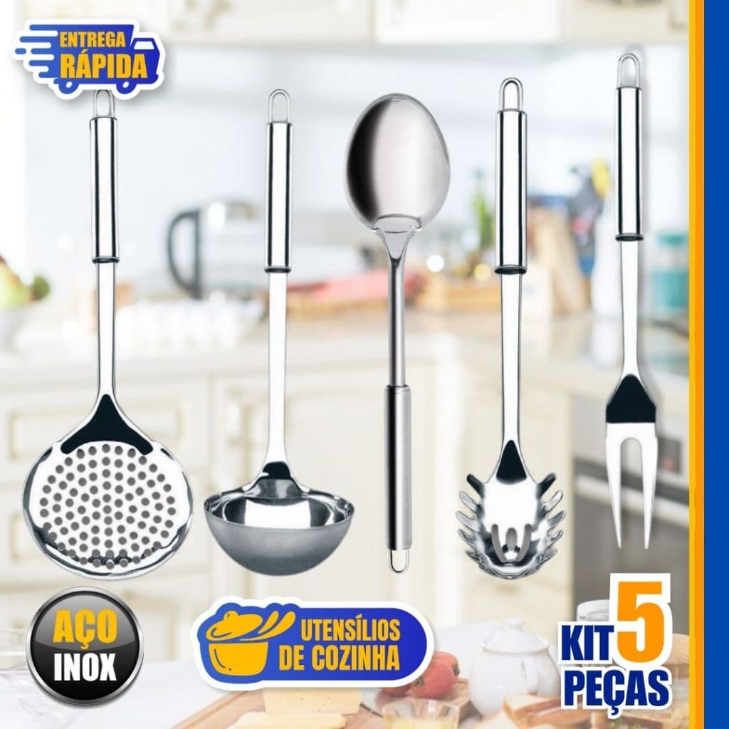 KIT 5 Utensílios de Cozinha Inox Escumadeira Concha Colher de Arroz Pegador Garfo, Pegador de Massas