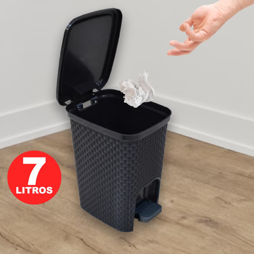 Lixeira Cesto de Lixo 7 Litros Rattan Com Tampa e Pedal Para Banheiro Cozinha De Plástico