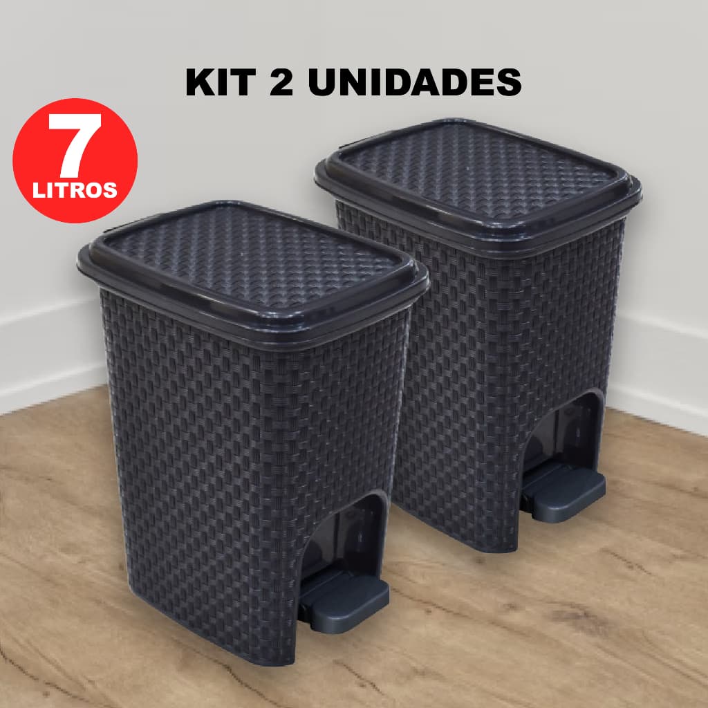 Kit 2 Lixeira Cesto de Lixo 7 Litros Rattan Com Tampa e Pedal Para Banheiro Cozinha De Plástico