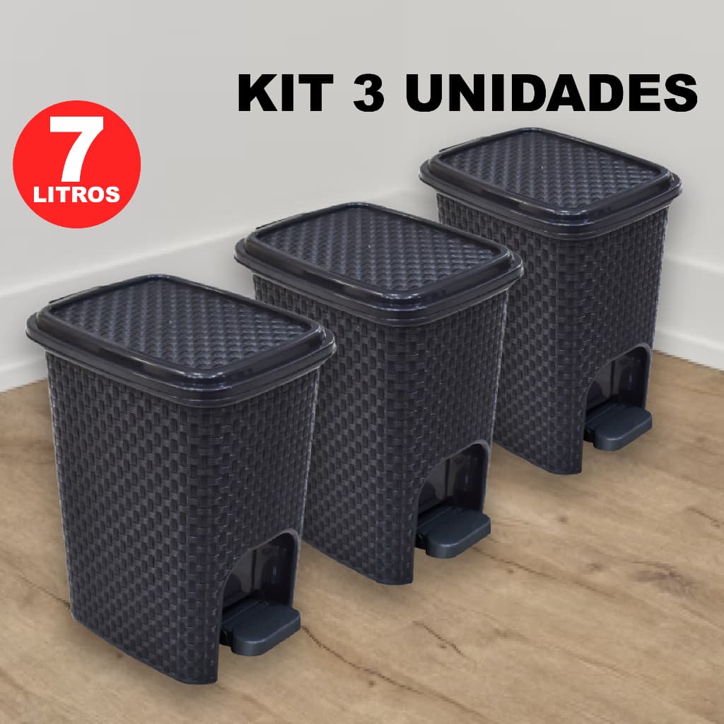 Kit 3 Lixeira Cesto de Lixo 7 Litros Rattan Com Tampa e Pedal Para Banheiro Cozinha De Plástico