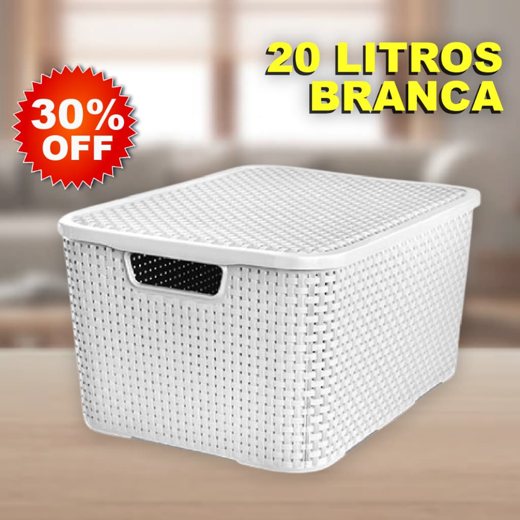 Caixa / Cesta Organizadora Grande 20 Litros Empilhavel Rattan BRANCA - Cesto Organizador 20L Branco
