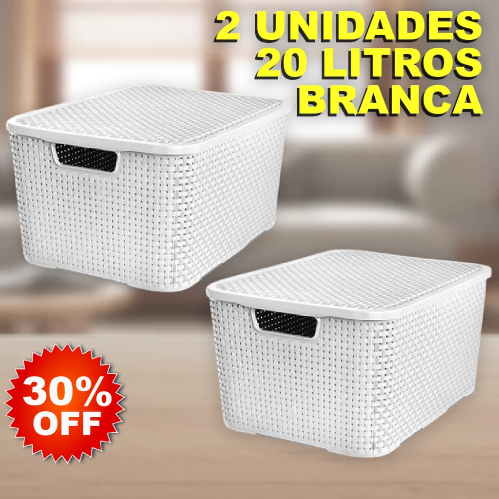 Kit 2 Caixa / Cesta Organizadora Grande 20 Litros Empilhavel Rattan BRANCA Com Tampa - Cesto Organizador 20L