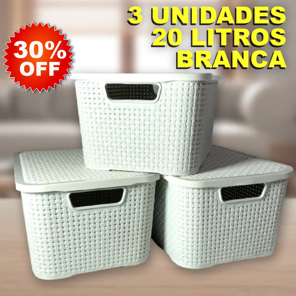 Kit 3 Caixa / Cesta Organizadora Grande 20 Litros Empilhavel Rattan BRANCA Com Tampa - Cesto Organizador 20L