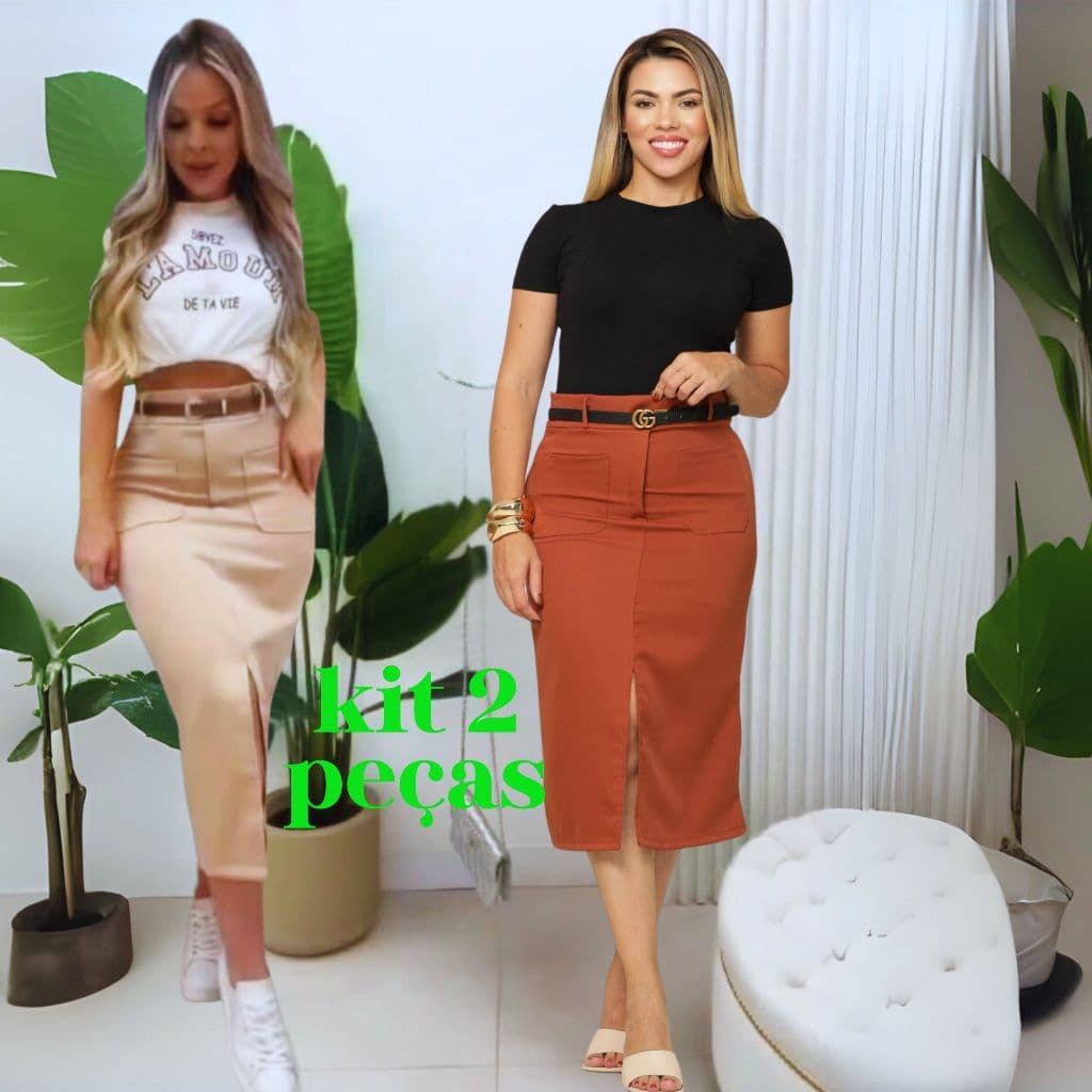 Saia Midi Alfaiataria Longa kit 2 peças  nas cores bege e marrom caramelo Evangélica