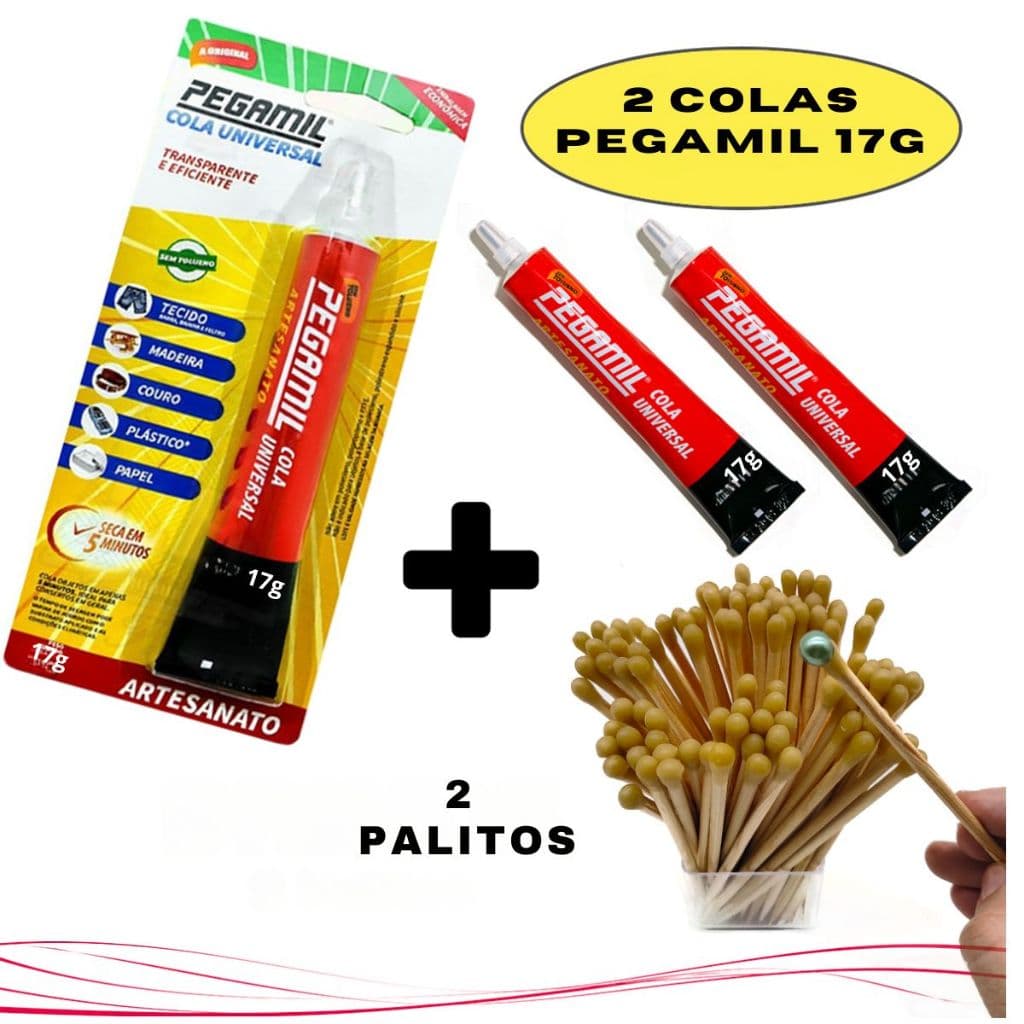 2 Cola Pegamil 17g + 2 Palitos Pega Pérolas Strass Melhor