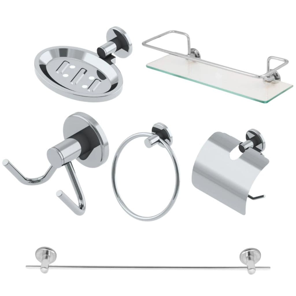 Kit Acessório Stander Para Banheiro Inox 5 Peças + 1 porta Shampoo Reto incolor