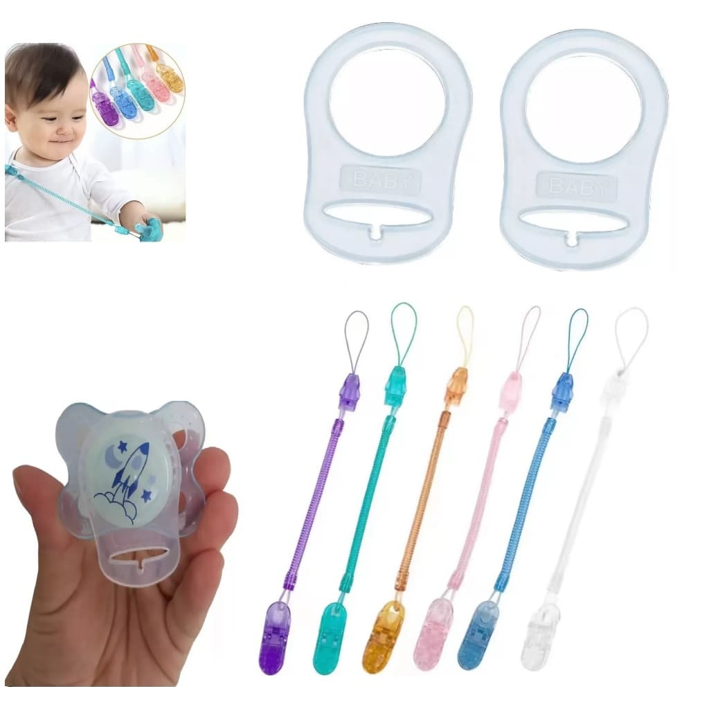2 Prendedores De Chupeta Mola silicone ou bola Leitosa + 2 Anel Adaptador para Chupeta Mam Nuk sem Alça