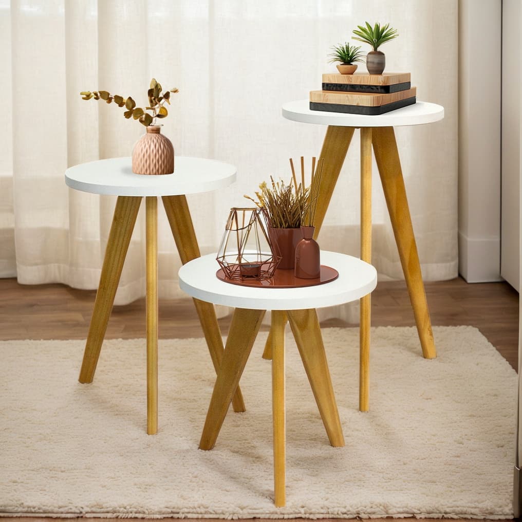 Conjunto de Mesa, Mesa de Centro, Mesa Lateral, Mesa de Cabeceira, Mesa Pé Palito - Madeira Maciça