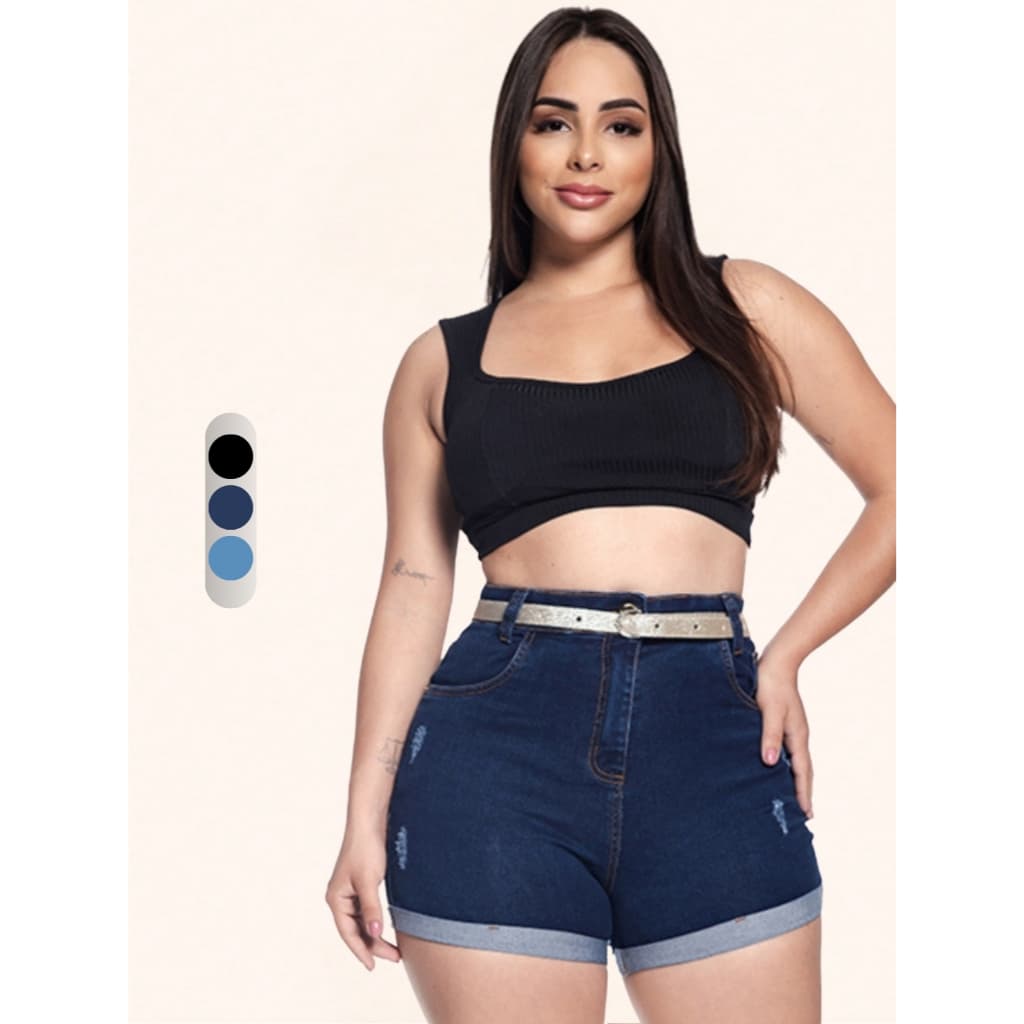 Short Jeans Feminino com Elastano Cintura Alta Acompanha Cinto