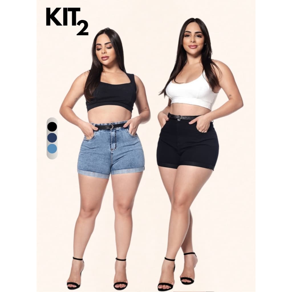 Kit 2 Shorts Jeans Feminino Cintura Alta Com Lycra Modelador Levanta Bumbum Acompanha Cinto