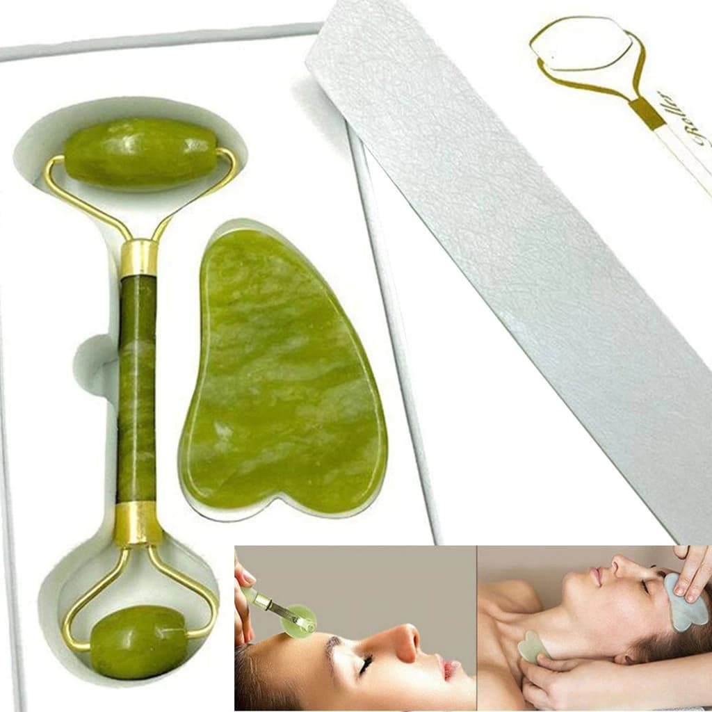 Kit 1Rolos Massageador Pedra De Jade Massagem Facial +Placa Facial Gua Sha