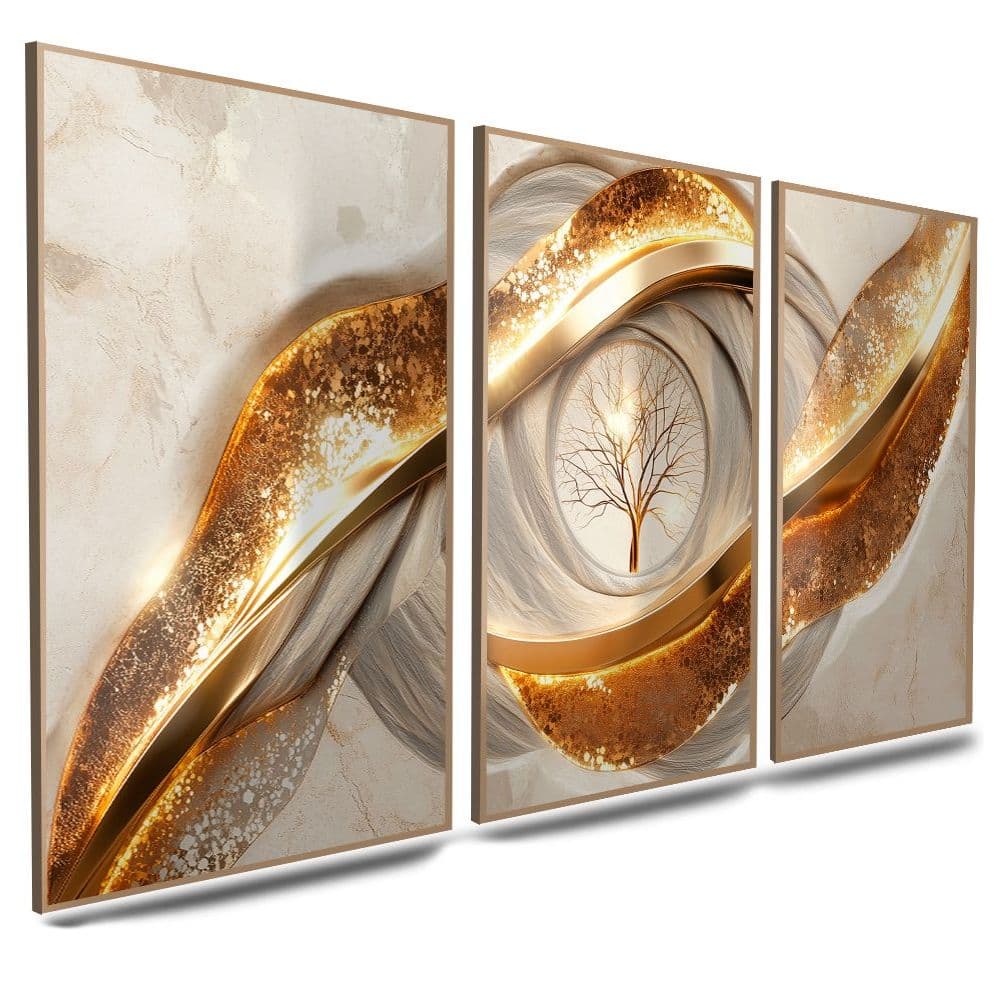 Quadro Decorativo Minimalista Abstrato Árvore do Infinito Dourado 122x60