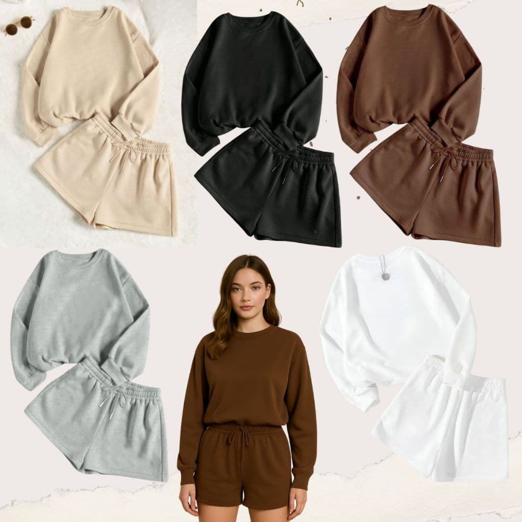 Conjunto Feminino Short e Moletom Gola Redonda Look Casual Liso sem estampa