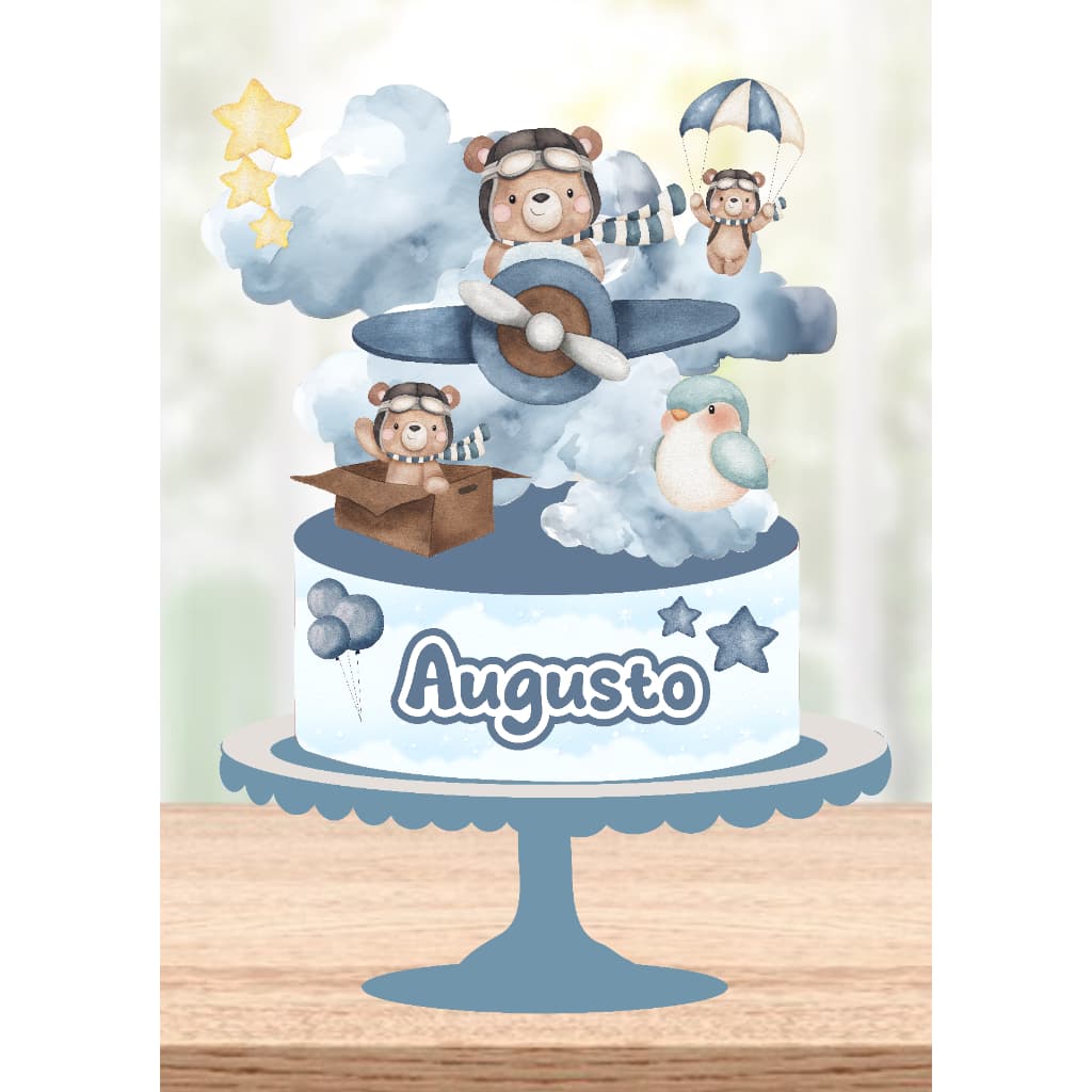 Topo de Bolo Ursinho Aviador - Topper personalizado para festa de aniversário infantil - Chá de Bebê