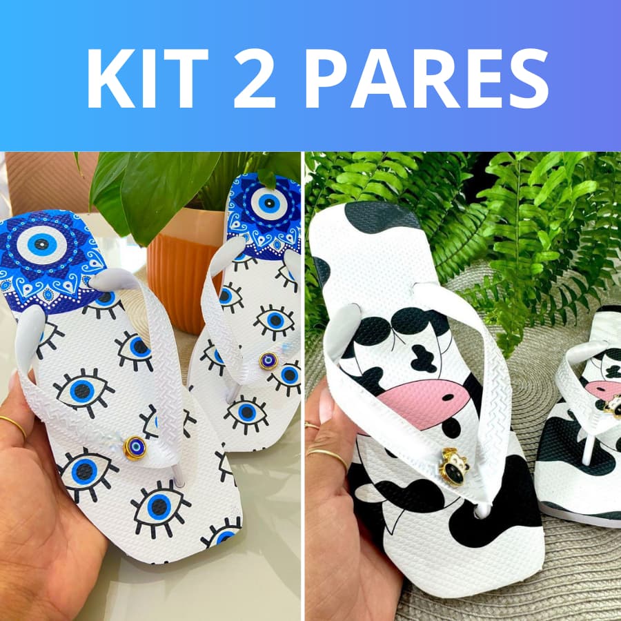 Kit 2 Chinelos Feminino Estiloso Tiras Brilho Frase Proteção Praia Casual Moderno