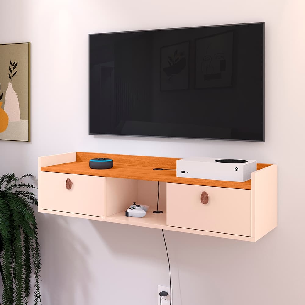 Rack Aparador Home Suspenso Sala Quarto Vegas 0,90cm com Passa Fio Visual Moderno Puxador em Amalfi