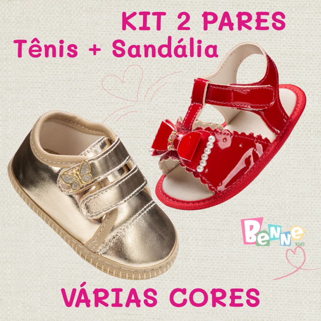 KIT 2 Pares Tênis Bebê Menina + Sandália Recém Nascido Leve Confortável Borboleta Laço Várias Cores