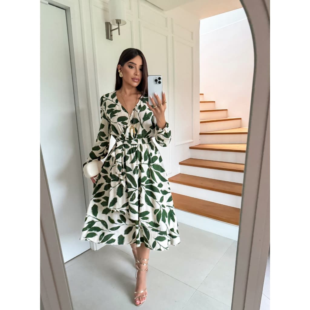 Vestido Midi Feminino Estampado Folha C/Cinto COD:198-Est/Folha