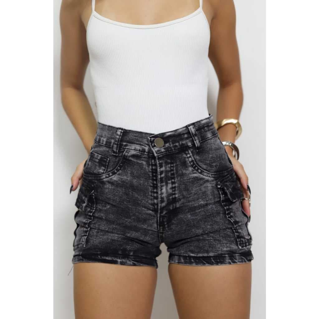 short linha premium jeans Cargo feminina cor grafite moda estilo blogueira com elastano 3%