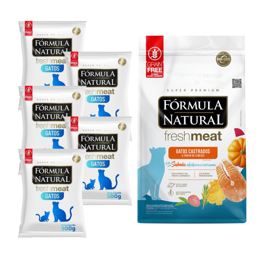 Kit 5x500g Rações Premium Fórmula Natural P/ Gatos Castrados Linha Fresh Meat Sabor Salmão