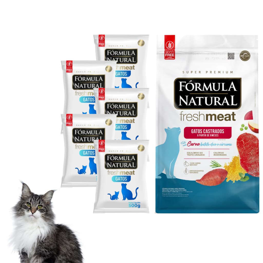 Kit C/5 Rações Fórmula Natural Para Gatos Adultos Castrados Linha Fresh Meat Sabor Carne