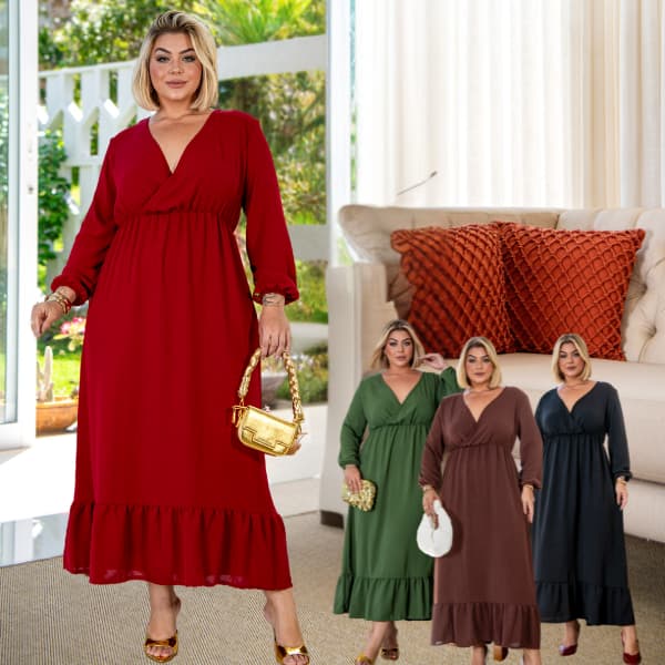 Vestido Plus Size Longo Tecido Duna Decote V Mangas Longas Elegante
