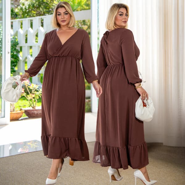 Vestido Plus Size Mangas Ajustável Longas Soltinho Confortável Gola V