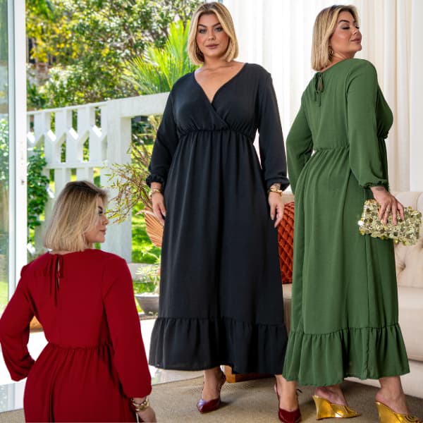 Vestido Longo Plus Size Mangas Bufantes Comprida Decote V Larguinho Fresco