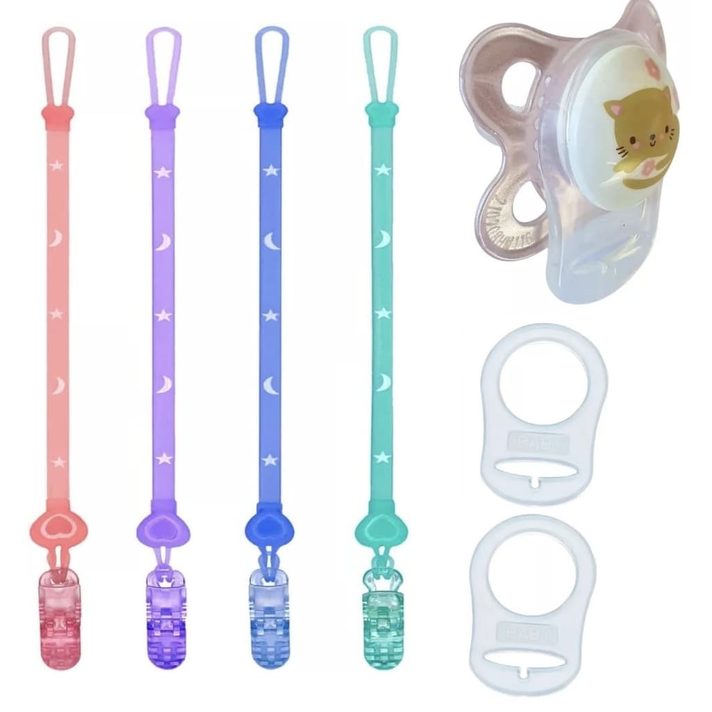 2 adaptadores chupeta sem alça Mam Nuk e 2 prendedores de chupeta de silicone.