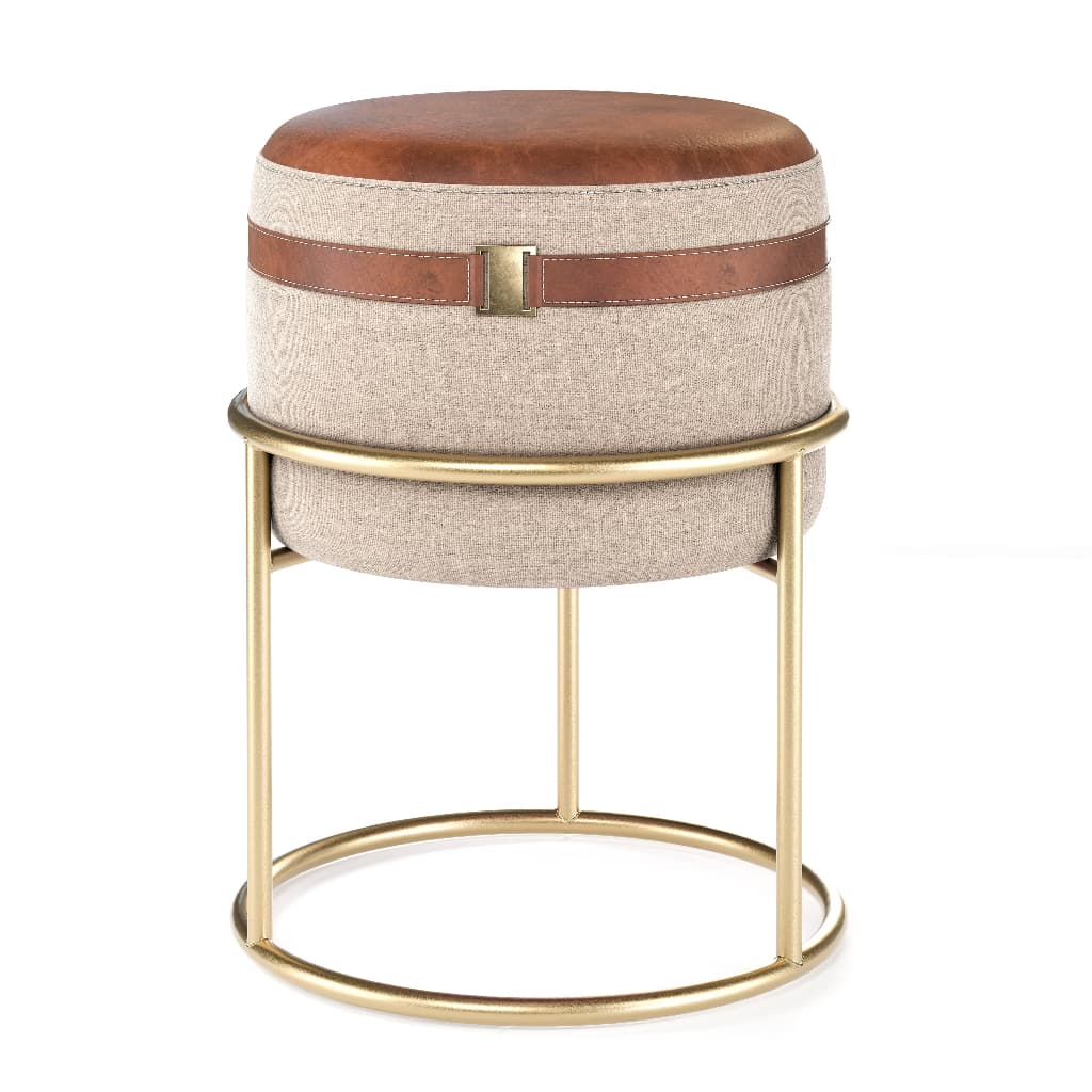 PUFF DALLAS BASE METAL EM COURINO E LINHO DECORATIVO PARA SALA 2 CORES