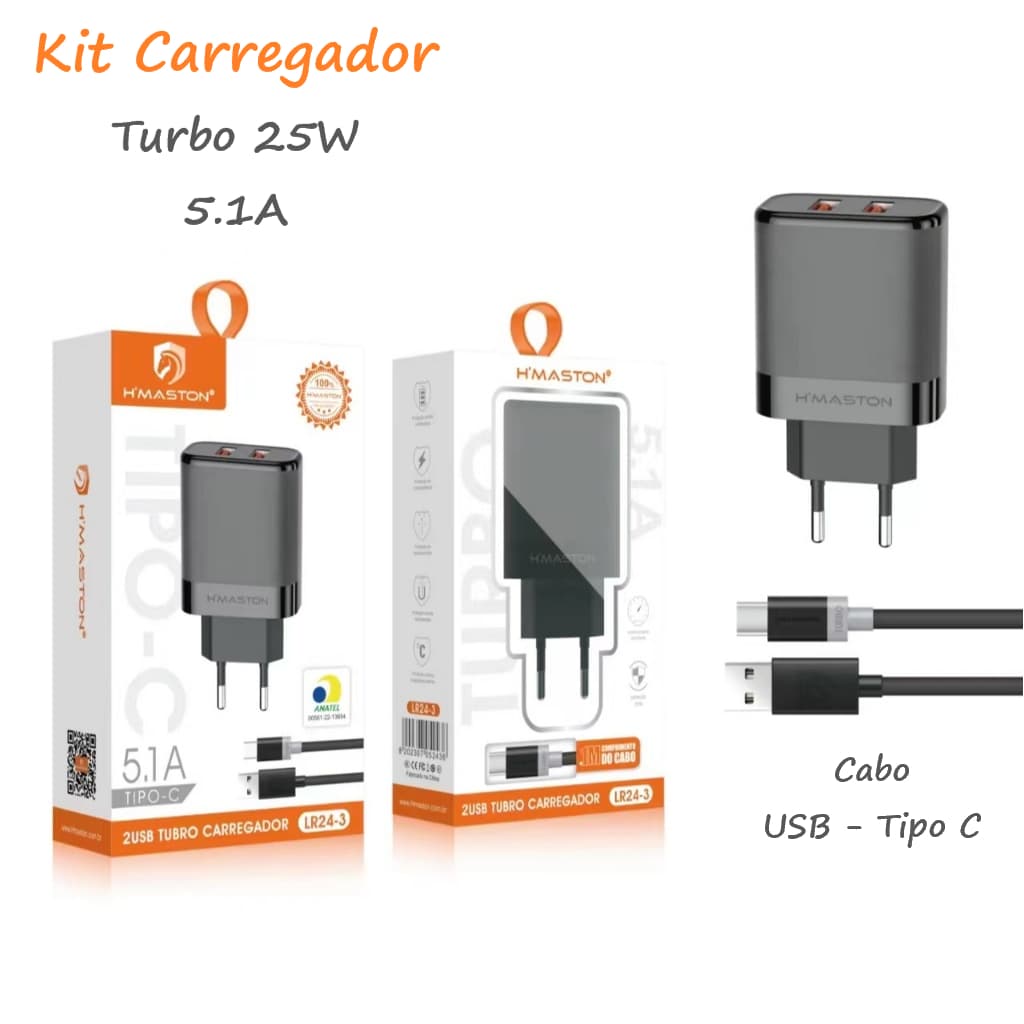 Carregador Tipo-C V8 de Carregamento Turbo 25w Fonte 5-1A Super 2 Entradas USB Preto/Branco