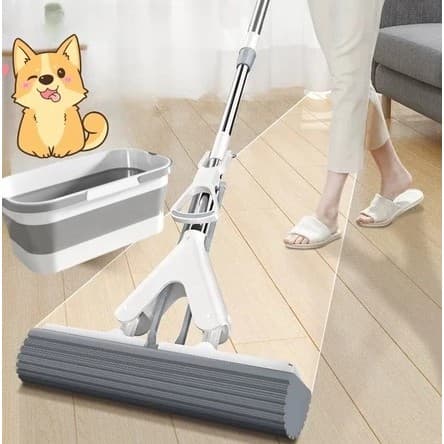 KIT Mop Fácil Dobrável Com Espuma Absorvente Rodo para Limpeza + balde dobrável