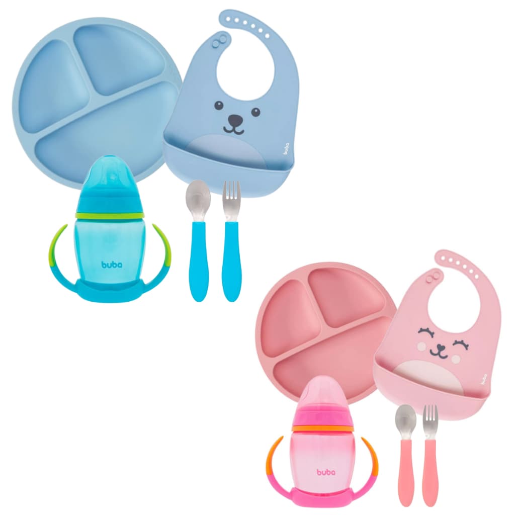 Kit Introdução Alimentar Buba Prato Silicone Ventosas Babador Copo Alça Talheres Colher Garfo Inox