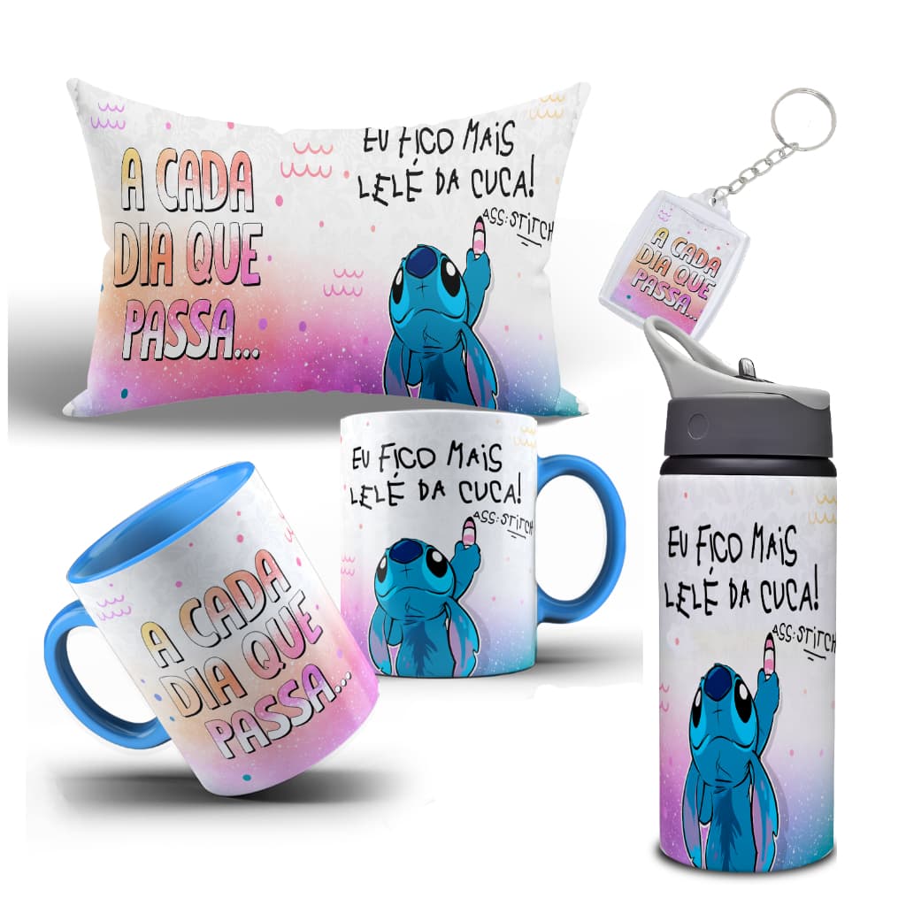 Kit Caneca, Almofada Garrafa e Chaveiro Stich A Cada Dia