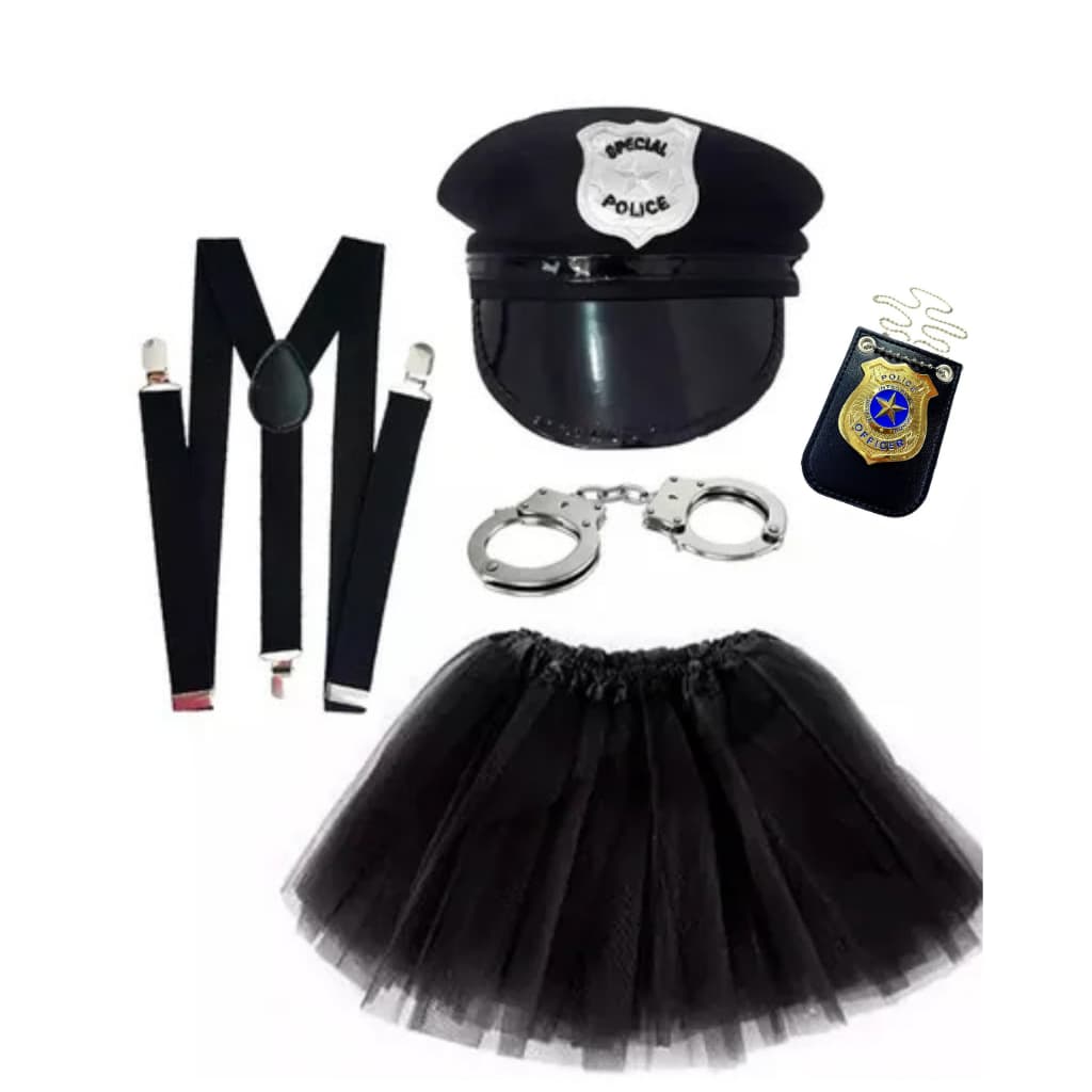 Fantasia Policial Militar Completa com Quepe Preto Algema Suspensório e Saia de Tule- Festa Carnaval