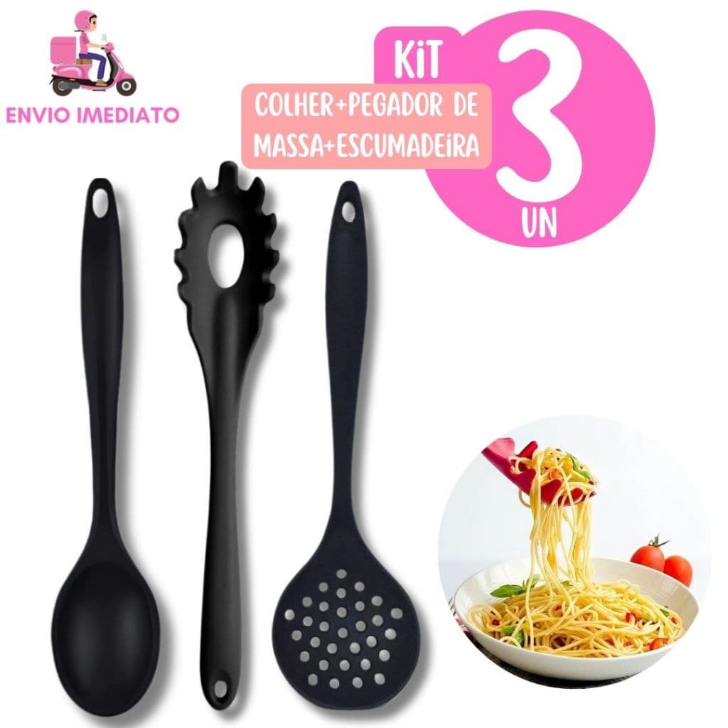 Kit 3 Colher Escumadeira e Pegador Multiuso de Silicone Alta Resistencia Utensílio para Cozinha