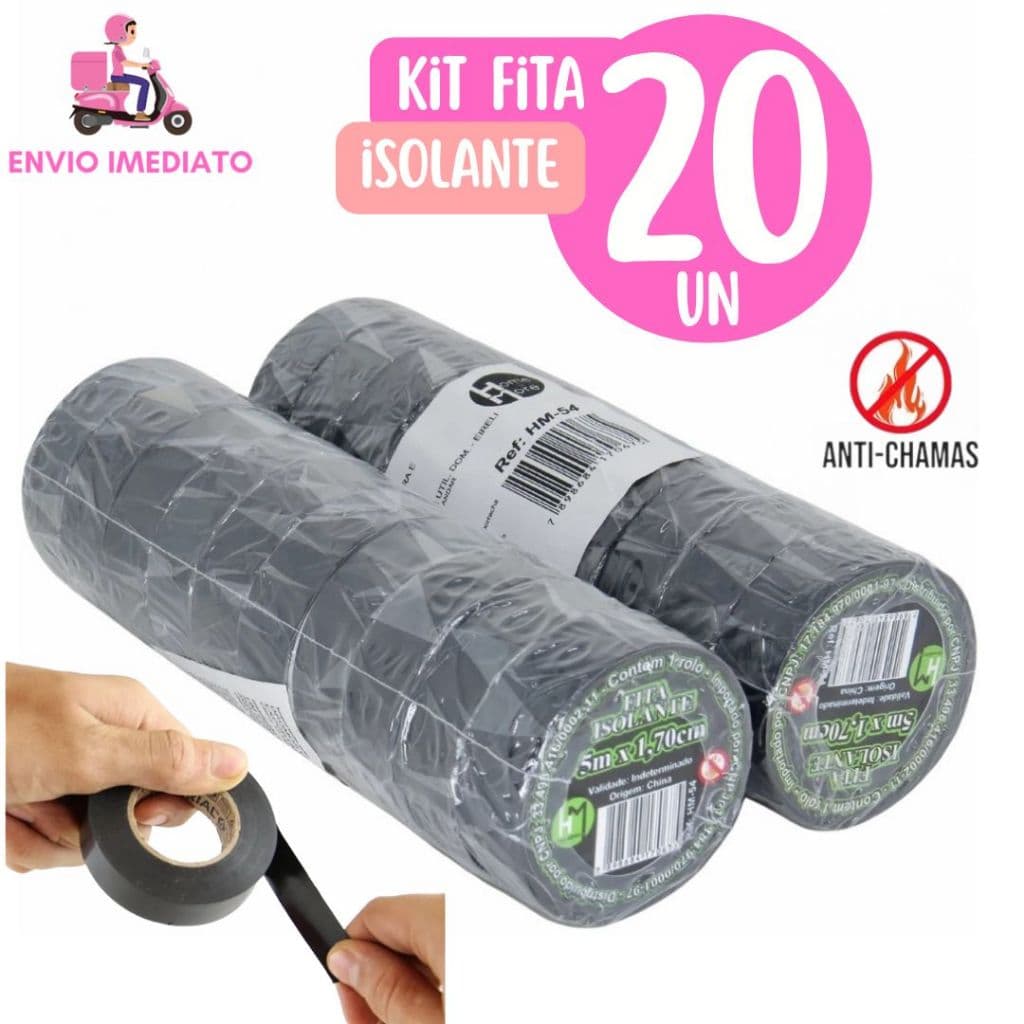 Kit 20 Fitas isolante Antichama Preta para Eletricista uso Geral Domestico e Industrial - 5m