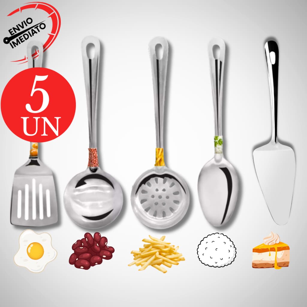 Kit Completo Inox 5 Colher Concha Espátula Escumadeira Espátula Para Bolo Torta Pudim Cozinha