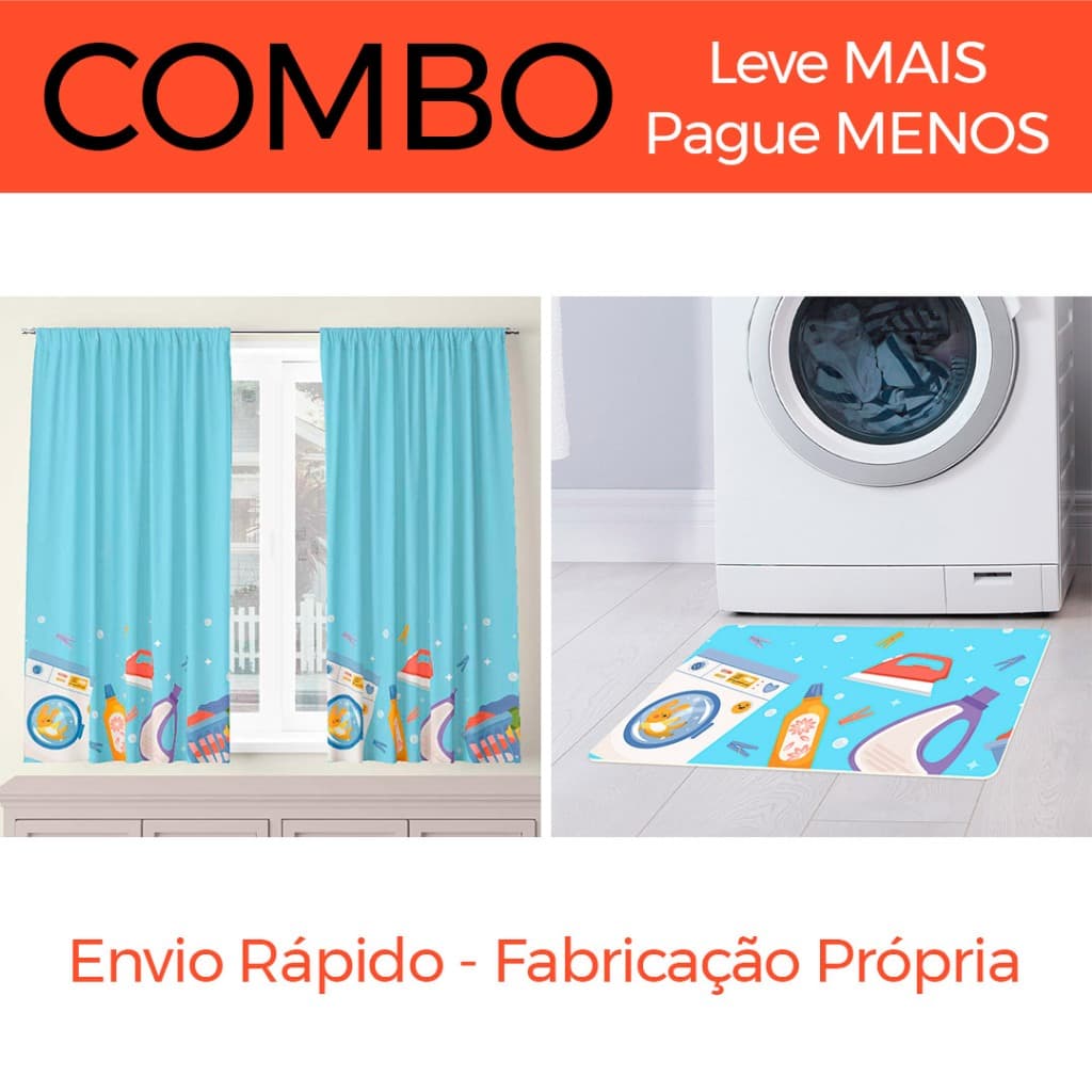 COMBO - Cortina 200 x 136cm + Tapete Avulso 60 x 34cm Antiderrapante - Lavanderia
